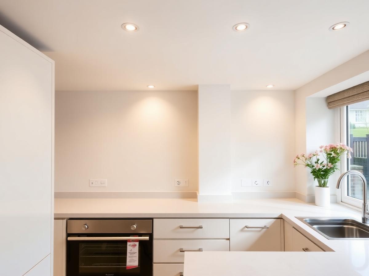 Modern kitchen with recessed LED downlighting installed by Fox Contractors