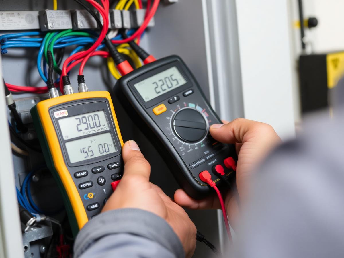 Electrician testing a consumer unit with a multifunction test meter